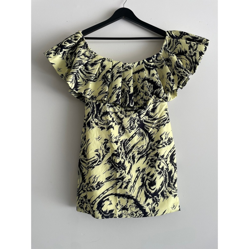Nova Luxe Mini Dress Yellow Black Abstract Ruffle Off‎ Shoulder M